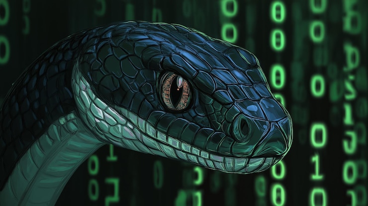 Photo closeup of a black snake39s eye with a green digital background