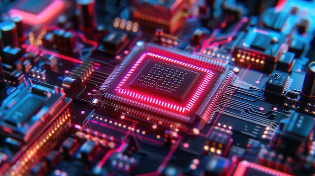 Closeup of a glowing microchip on a circuit board with vibrant lighting showcasing modern technology