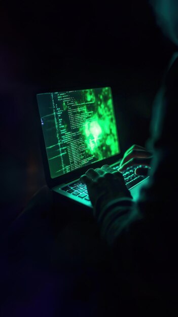 Closeup of a hacker typing on a laptop against a dark background online programming programming workshops