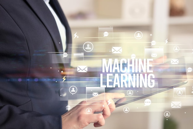 Closeup of a tablet searching MACHINE LEARNING inscription modern technology concept