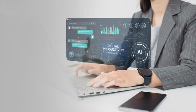 Closeup of person using Notebook with AI assistant interface Concept of artificial intelligence machine learning chatbot technology data analysis and digital productivity tools