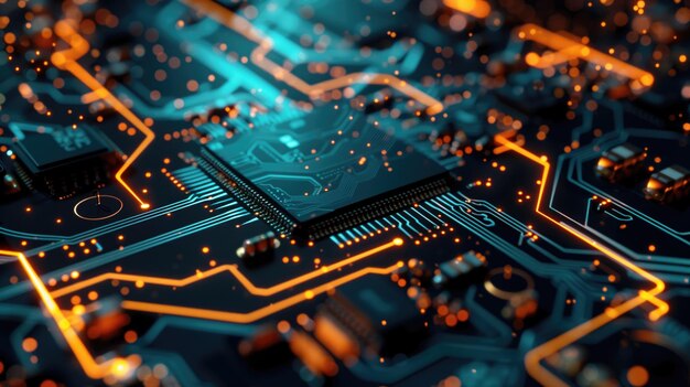 Closeup view of an illuminated blue circuit board with electronic components and traces