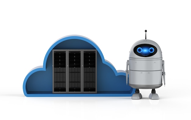 Cloud computing technology 3d rendering android robot with server in cloud