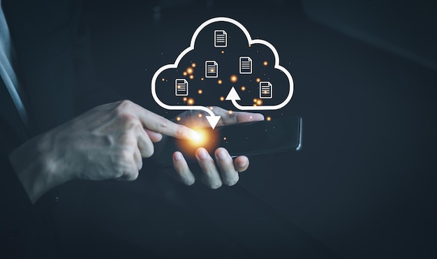Cloud computing technology concept Internet storage network system Bigdata and business Man wearing black suit and Finger touch smartphone