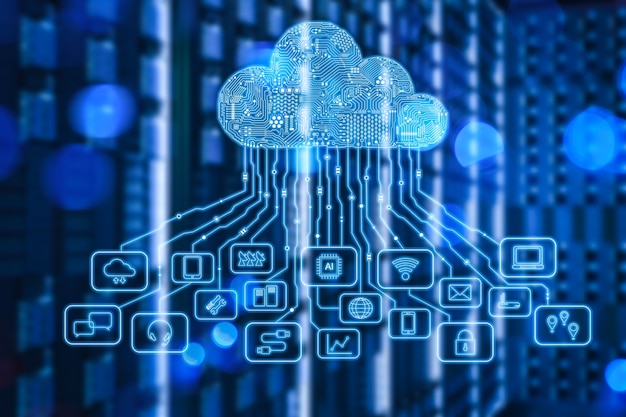 cloud computing technology with 3d rendering server room and graphic display