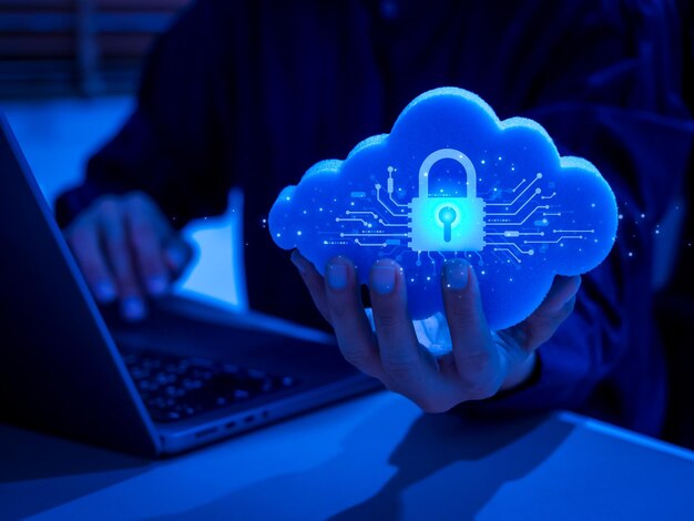 Cloud security concept with glowing padlock icon and digital circuit representing secure data storage network protection cybersecurity and privacy in modern cloud computing environment