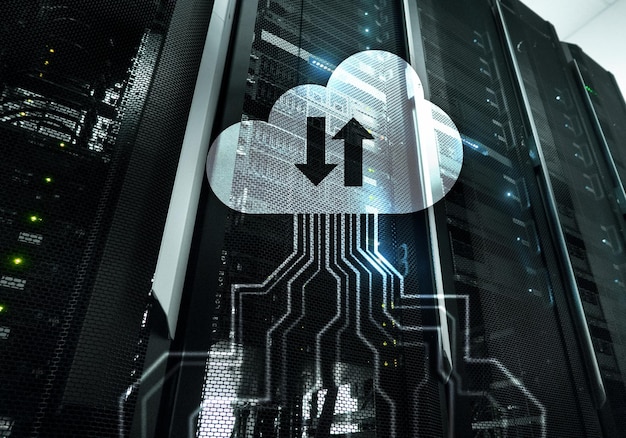 cloud server and computing data storage and processing internet and technology concept