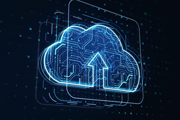 Cloud service and digital information exchange concept with perspective view on arrow up in digital cloud symbol made from microcircuit on dark technological background 3D rendering