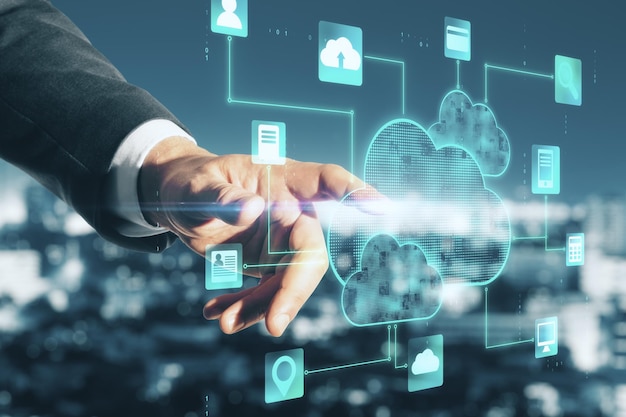 Cloud service concept with man hand touching digital screen