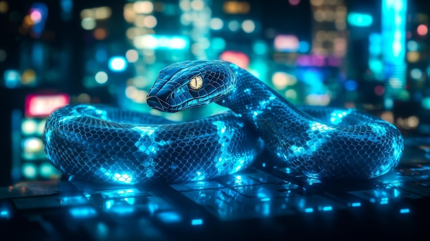 code and data streams are entwined in a snake symbolizing python automation