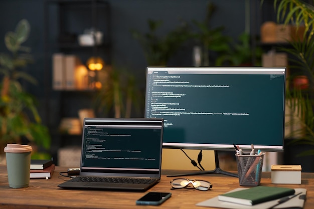 Coding screens on computers in office
