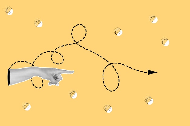 Collage of a woman hand pointing a black trace line on a yellow background