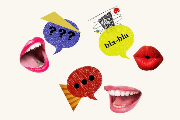 Collage of talking mouth conversation concept