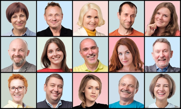 collection of avatar of people young and senior men and women faces smiling