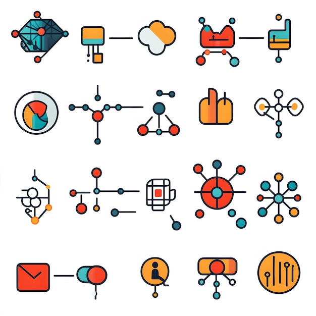 Collection of icons representing various diagrams with images of flowcharts network diagrams and process maps Includes symbols of data pathways structured processes and organizational structures