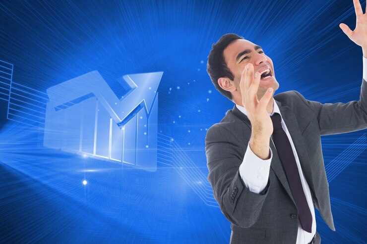 Photo composite image of excited businessman with arms raised