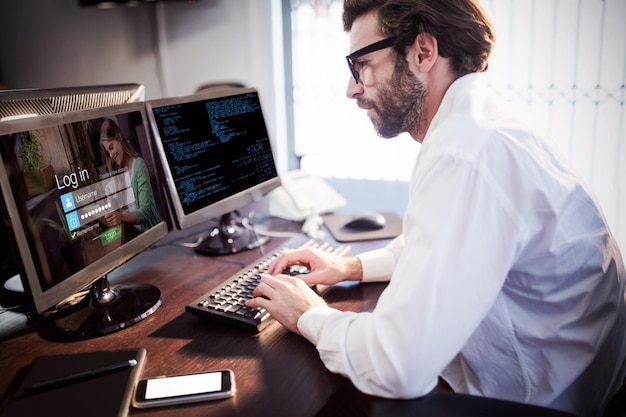 Composite image of login screen with smiling woman with pad and coffee