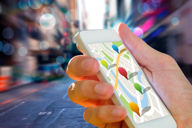 composite image of man using map app on phone