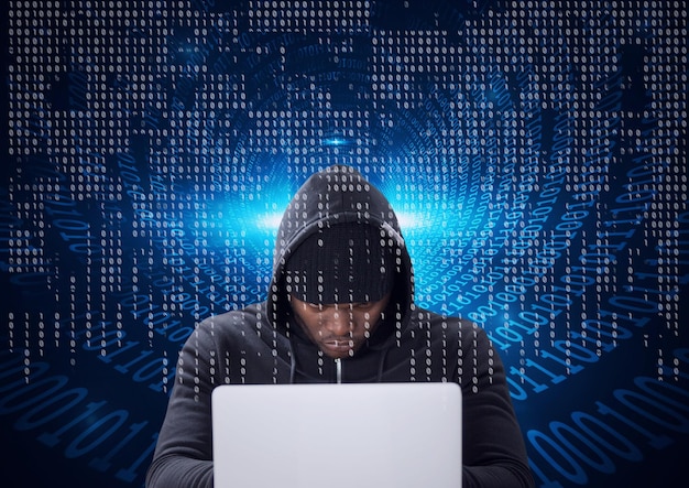 composition of binary coding over hacker in hood using laptop