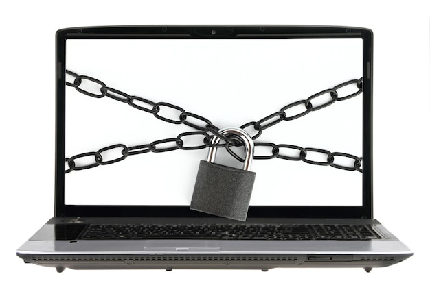 computer bound with chain and padlock