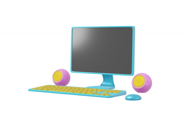 computer cartoon style isolated. realistic concept toy monitor, speaker, keyboard 3d rendering.