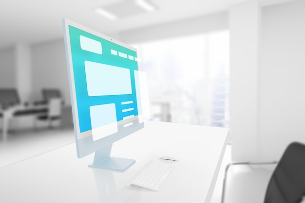Computer display on an office desk with a hovering web page or app layout Web design or development