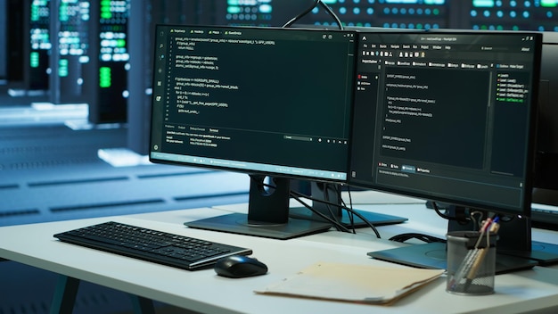 computer displays on desk in server farm