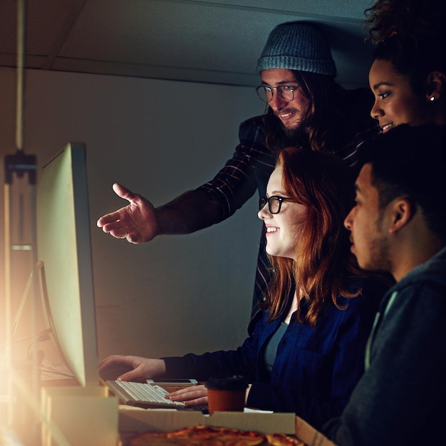 Computer diversity and night team gesture at html code cybersecurity system or programming app software Information technology developer and programmer teamwork on coding cloud computing database