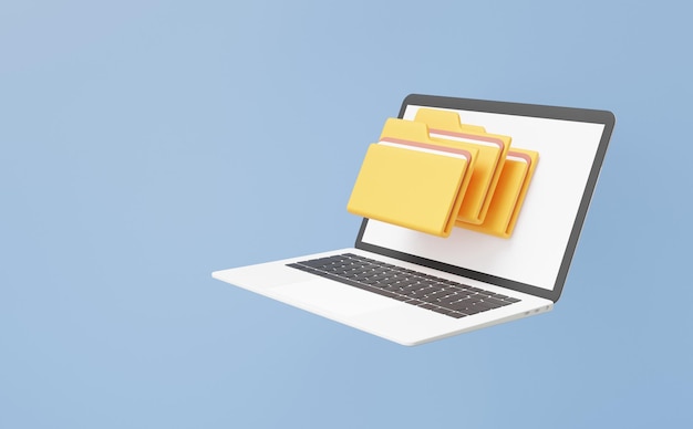 Computer laptop moving file folders management 3d render illustration