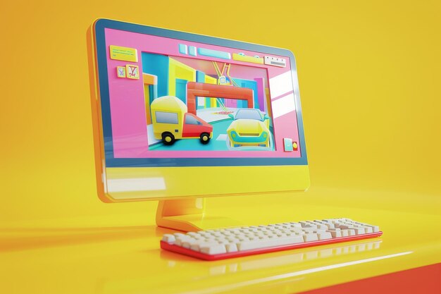 Computer Monitor and Keyboard Depicting a computer monitor displaying a video game interface