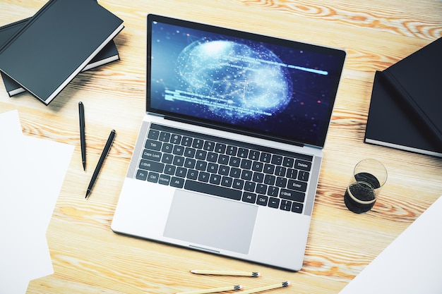 computer monitor with abstract creative programming illustration and world map big data and blockchain concept 3d rendering