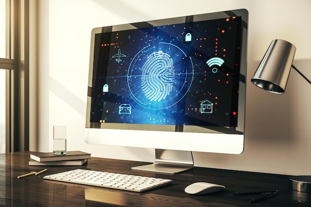 Computer monitor with abstract fingerprint scan interface digital access concept 3D Rendering