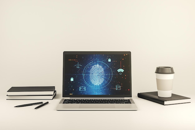 Computer monitor with abstract fingerprint scan interface digital access concept 3D Rendering