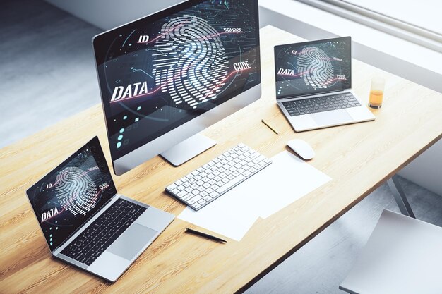 Computer monitor with abstract fingerprint scan interface digital access concept 3D Rendering