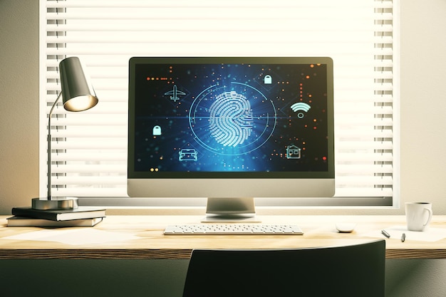 Computer monitor with abstract fingerprint scan interface digital access concept 3D Rendering