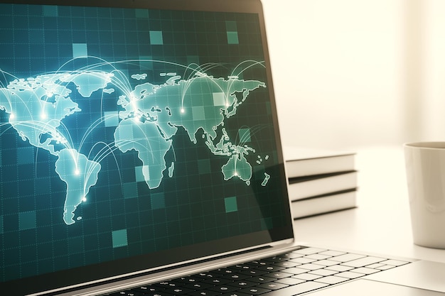 computer monitor with abstract graphic digital world map with connections globalization concept 3d rendering