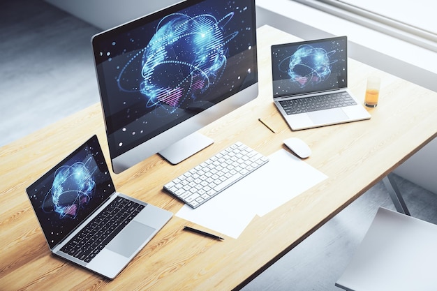 computer monitor with abstract graphic digital world map with connections globalization concept 3d rendering