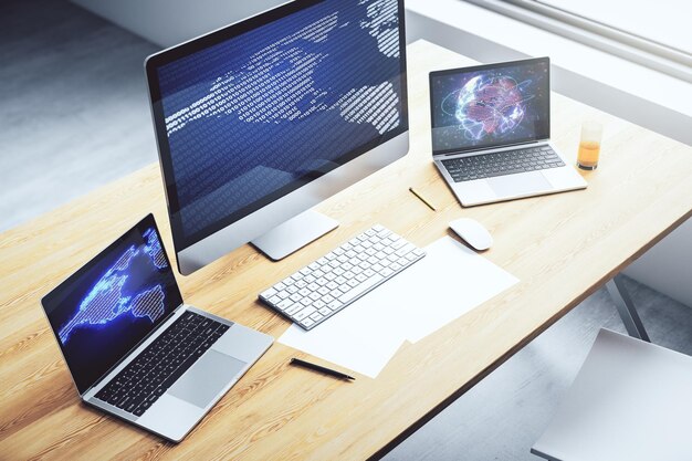 computer monitor with digital america map global technology concept 3d rendering