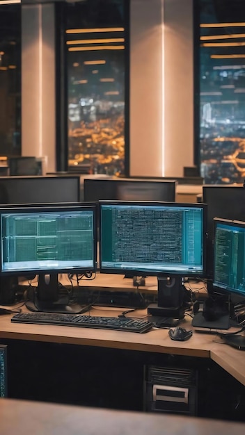 Computer monitors showing source code in empty it company office security system compiling data alg