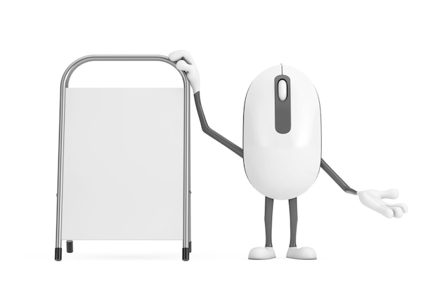 Computer Mouse Cartoon Person Character Mascot with White Blank Advertising Promotion Stand 3d Rendering