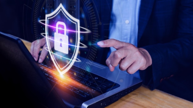 computer network protection secure and safe your data concept businessman holding shield protection icon security shield lock security businessman protect concept