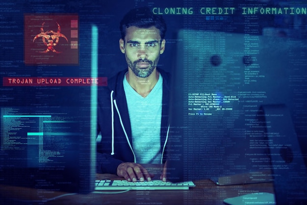 Computer overlay and man at night for virus upload coding and information technology Cybersecurity software and person with password access to financial data online banking fraud and malware