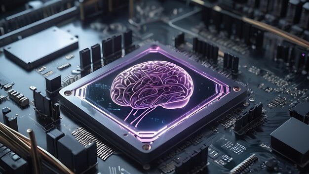 Computer processing unit with blue binary digit and ai brain concept design Generated with ai