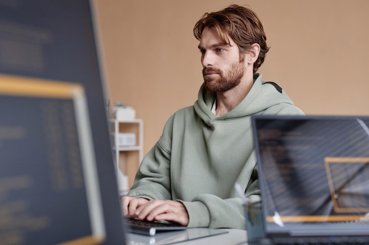 Photo computer programmer coding at desk in office