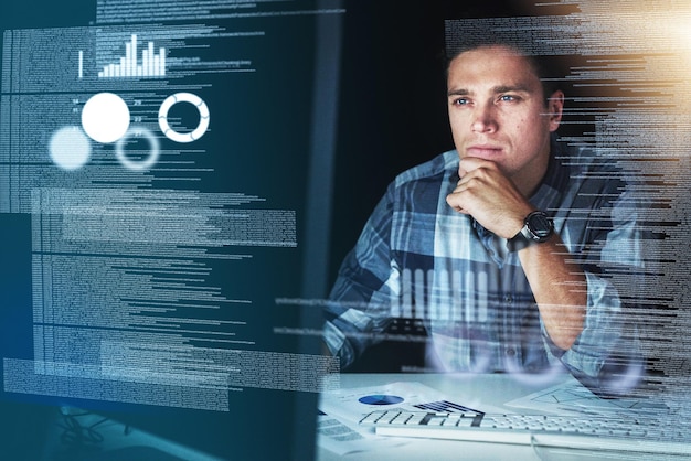 computer programmer software developer or engineer working on computer database with futuristic cgi graphic data male information technology coder or a it programmer coding company cyber security