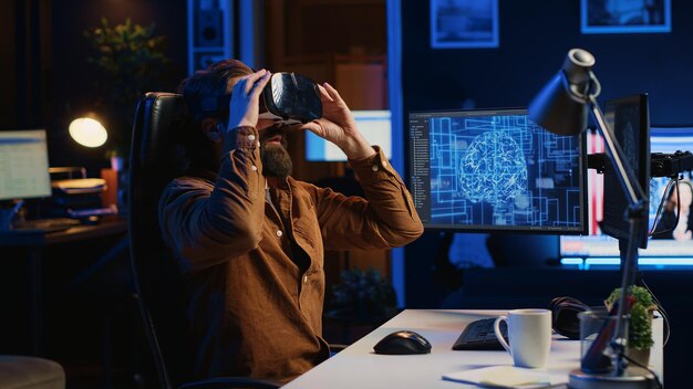 computer scientist wearing vr glasses panicking after ai gains omniscience