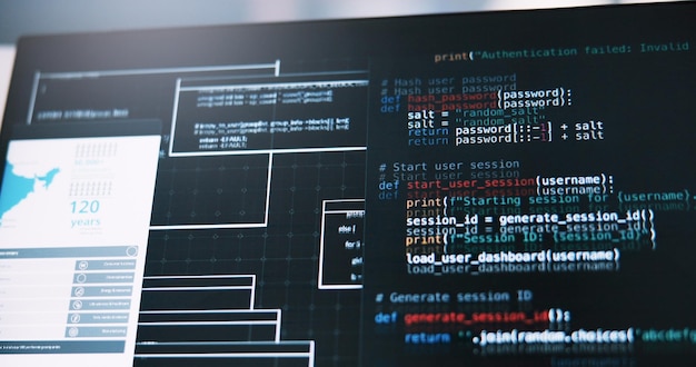 Computer screen code and software development with programming language for AI or web design at office Empty technology or display with backend UI for UX cybersecurity or database at workplace