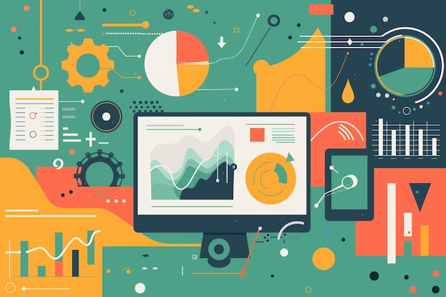Computer screen with flat icons business marketing concept Business concept illustration By generati