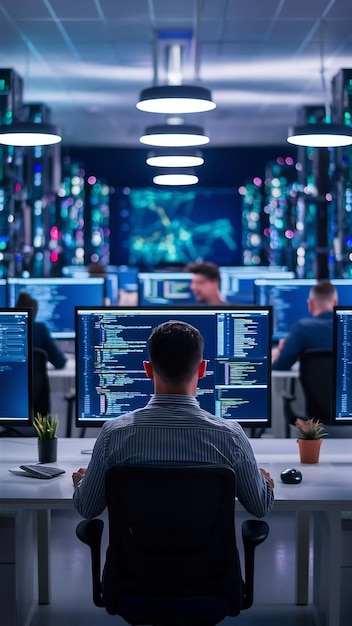 computer screens on desk in empty data room and computers in background running programming code da