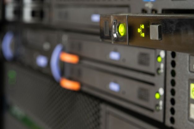Computer server mainframe and harddisk drive raid storage with LED in computer server data-center for cloud service and hosting information infrastructure